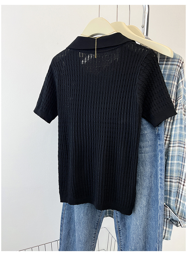 Elegante t-shirt da donna in maglia a trecce con collo a revers_voghion.com