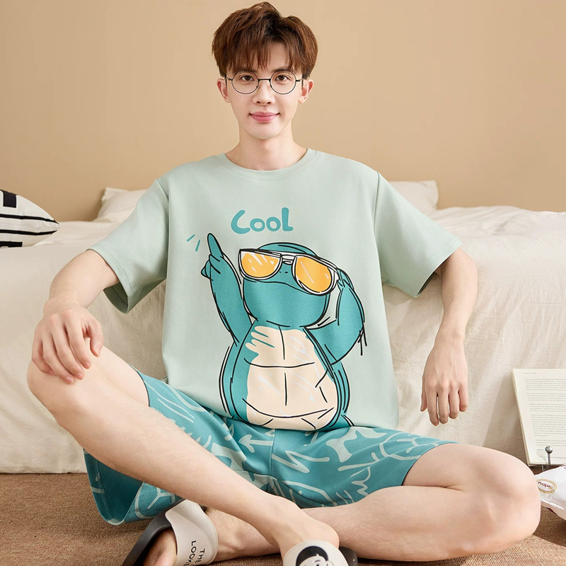 New men's summer thin short-sleeved pajamas with cartoon style, stylish and suitable for teenagers, perfect for wearing outside or as loungewear in autumn.