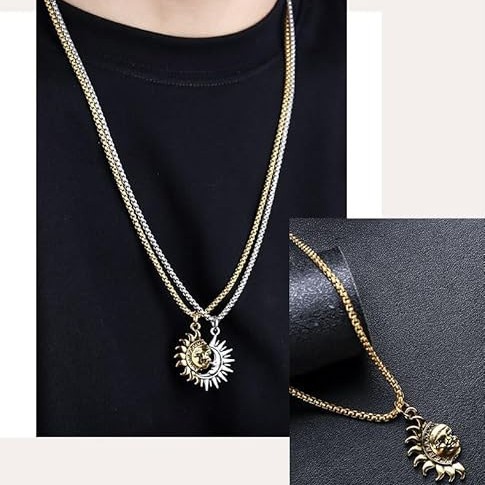 Sun And Moon Asymmetric Titanium Steel Necklace For Men_voghion.com