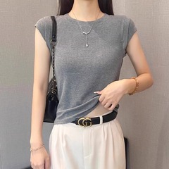 ソリッドカラースレッドアイスシルクラウンドネック半袖Tシャツレディース夏スリムボトムシャツ多用途スリムフライングスリーブトップトレンディ