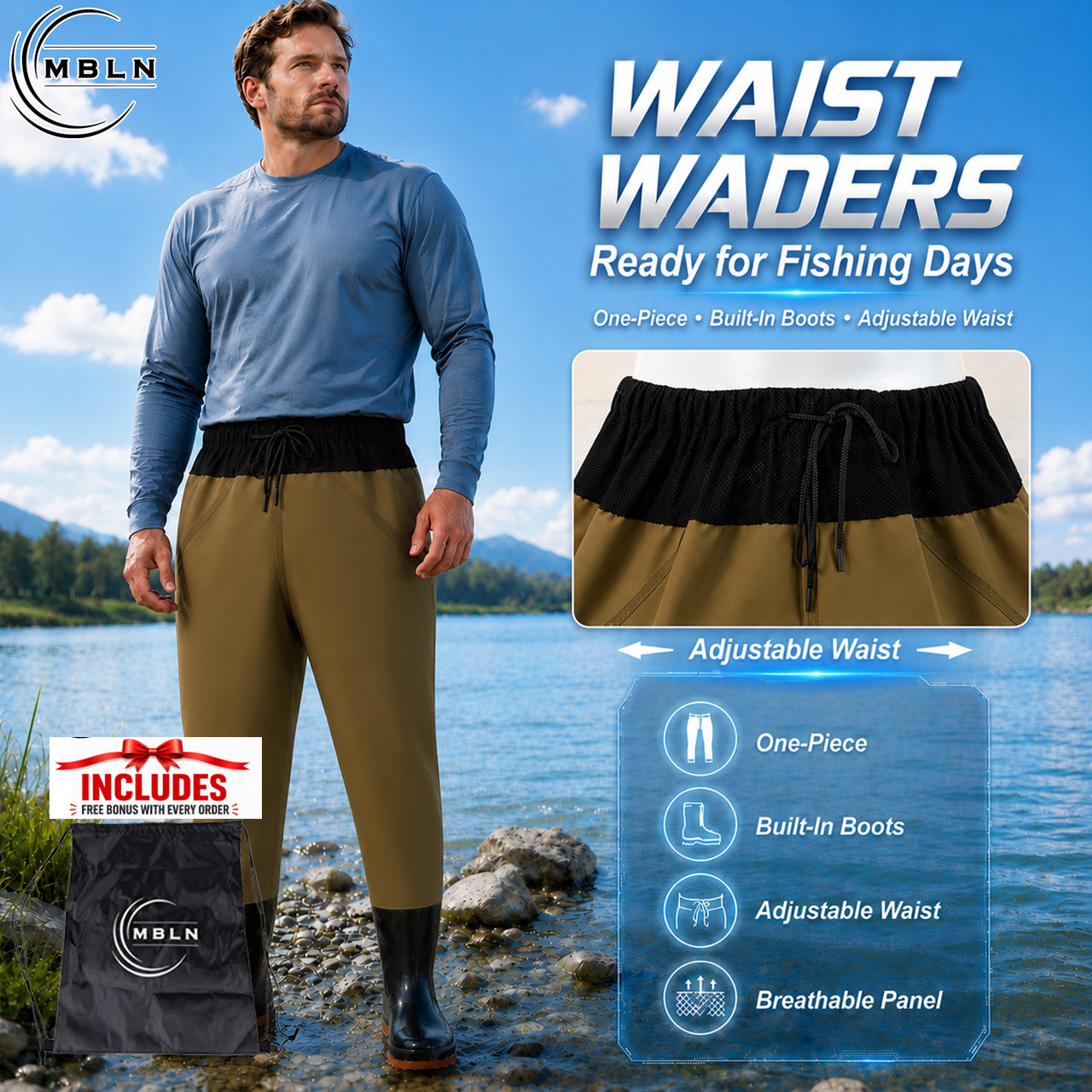 Half-Length Fishing Waders Paired with Ice Sleeves and a Fishing Neck Gaiter, Men's One-Piece Fishing Pants with Rain Boots