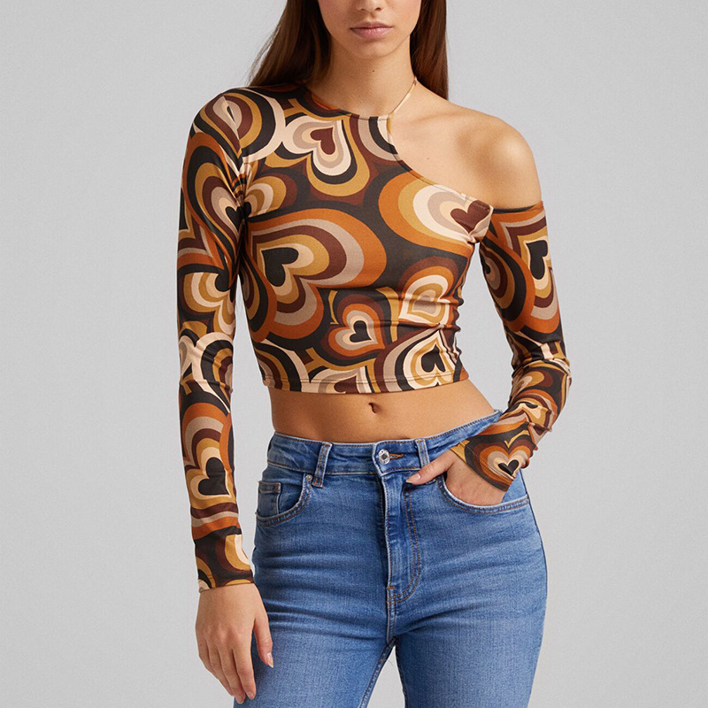 Round Neck Long-Sleeved Off-The-Shoulder Printed Top NSSWF113006