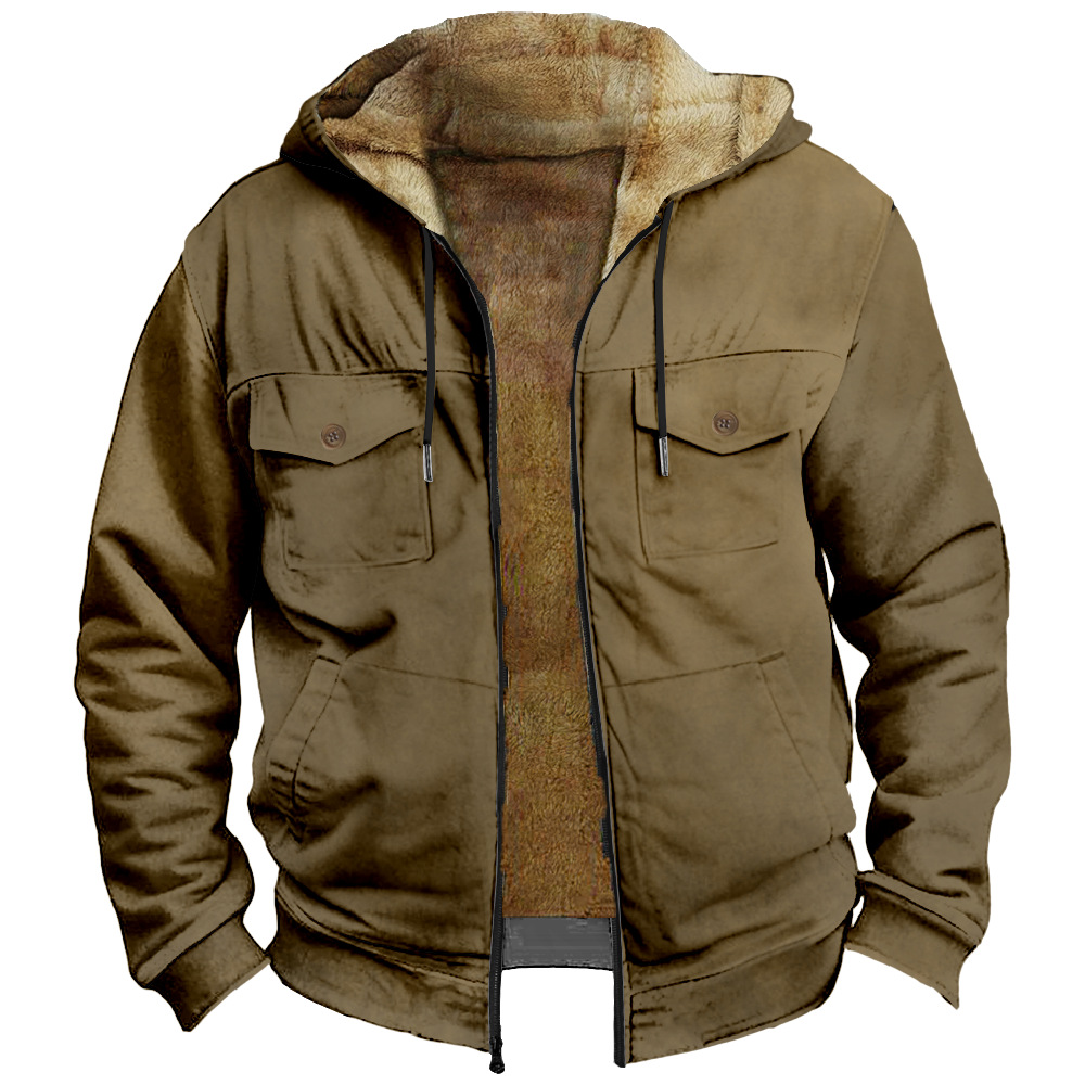 2023 transfronteriza europea y americana patrón de color sólido impresión 3D Impresión digital suéter con capucha forro marrón bolsillo algodón