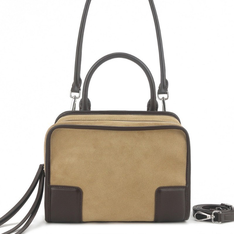 Luo Jia New Amazona Cowhide Handbag Suede Patchwork Crossbody Bag Large Capacity Genuine Leather Bowling Bag For Women - Thumbnail 4