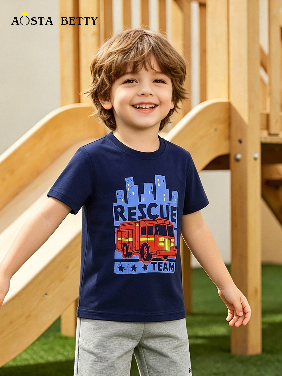 26 nuevos productos de verano, camisetas de manga corta para niños, camisetas con estampado de dibujos animados para niños, sudaderas de algodón de punto con cuello redondo para niños