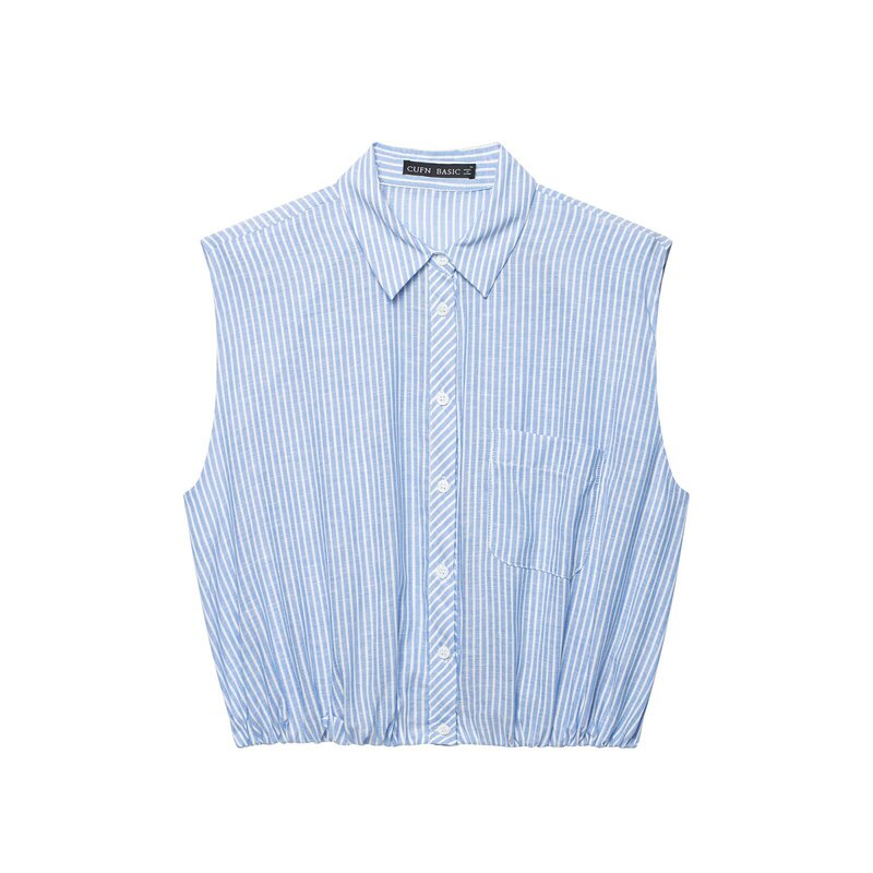 Aliexpress Cross-Border Summer New Style Women's European and American Fashion Padded Shoulder Striped Sleeveless Short Shirt Top