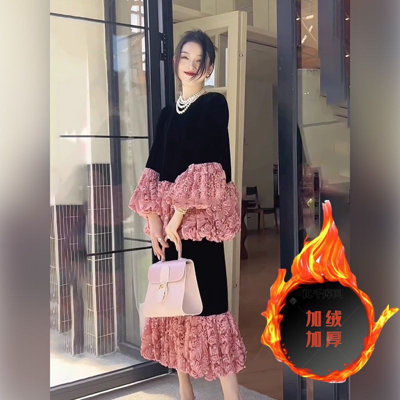 加绒秋冬搭配一整套感小洋装小香风显瘦遮肉黑色丝绒套装裙子|undefined