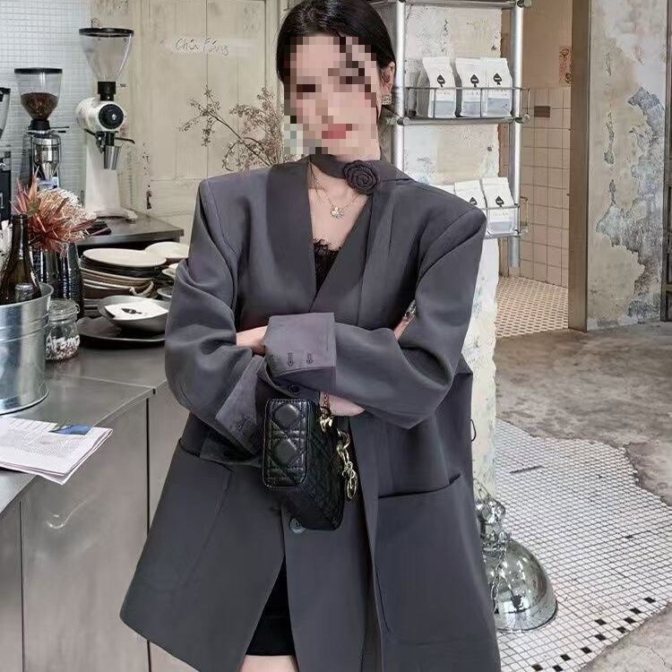 Smoke Gray Ribbon Collarless Suit Jacket Women's Spring Loose Temperament Suit Three-Piece Suit Pearlescent