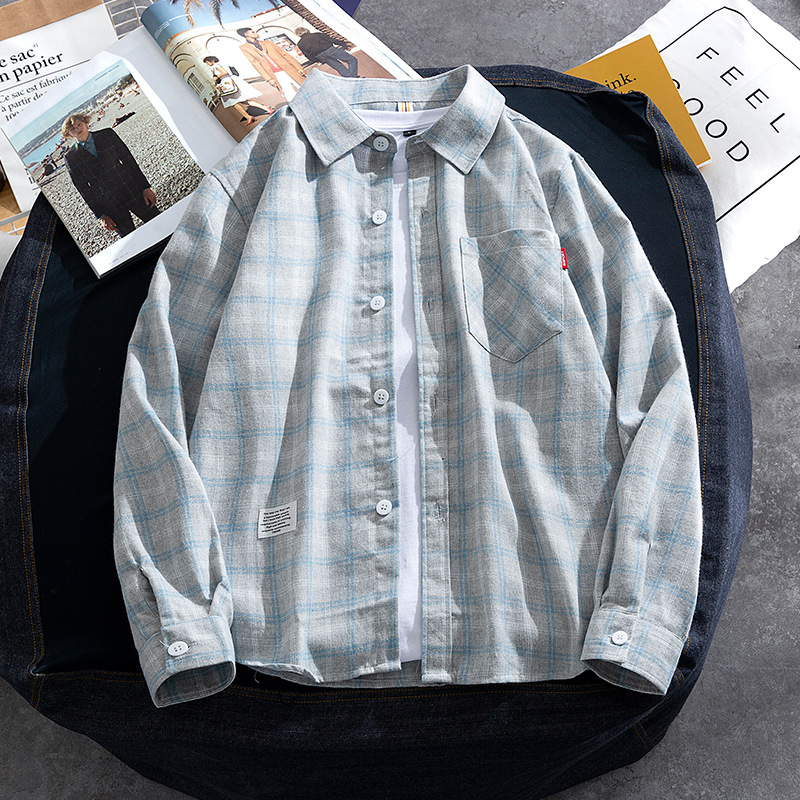 Primavera y otoño nueva camisa de hombre camisa de marca de moda casual a cuadros de manga larga lista para usar estilo japonés de Hong Kong estilo Ruan guapo ropa superior