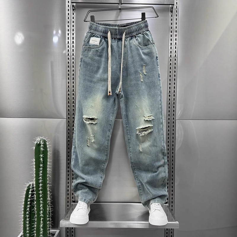 2025 Summer Thin Ripped Jeans for Men, Trendy Brand Loose Straight Pants, Washed Elastic Waist Casual Wide-Leg Pants 2025 Summer Thin Ripped Jeans for Men, Trendy Brand Loose Straight Pants, Washed Elastic Waist Casual Wide-Leg Pants