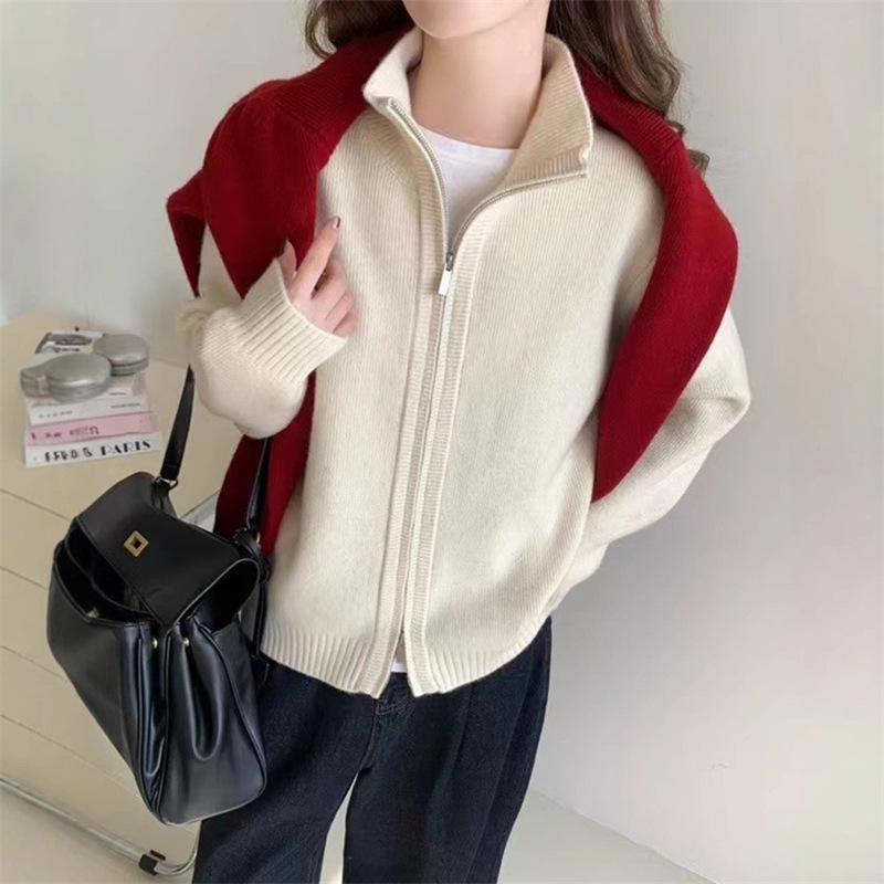 ファッショナブルなダブルジッパーニットカーディガン女性の秋と冬の新しい和風ルーズシンプルなラペルセータージャケットレイジートップ|undefined