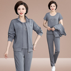 中年媽媽春裝外套上衣2023新款中老年運動套裝女春秋復古洋氣三件