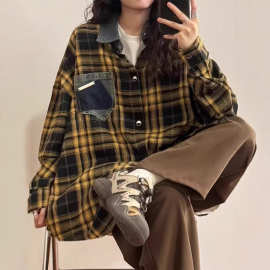 美式废土风高级感外穿格子衬衫男女复古宽松百搭秋撞色格纹衬衣潮