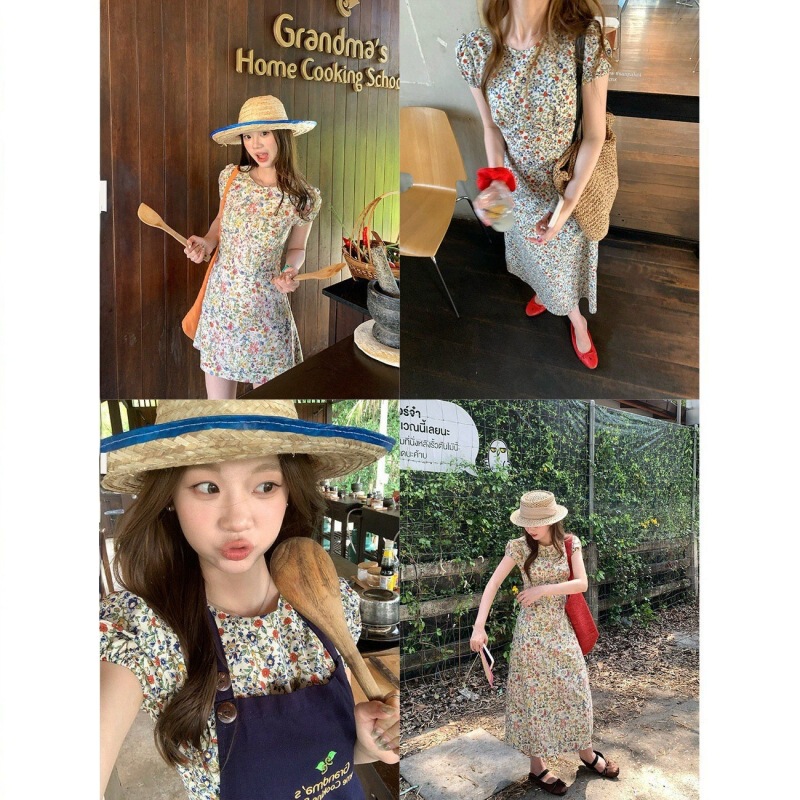 Im Towards Nice Flower Market' Vacation-Style Retro Floral Dress with Round Neck, Puff Sleeves, Waist-Cinching, Sweet A-Line Dress Im Towards Nice Flower Market' Vacation-Style Retro Floral Dress with Round Neck, Puff Sleeves, Waist-Cinching, Sweet A-Line Dress