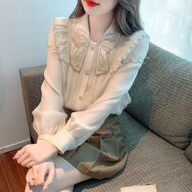 2023秋季新款复古甜美重工刺绣娃娃领长袖雪纺衬衫女法式洋气上衣
