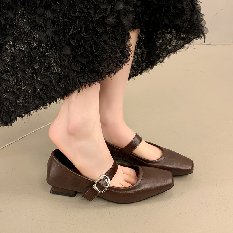 Elegant Square Toe Evening Style Shallow Mouth One-Strap Small Leather Low Heel Commuter Soft Sole Mary Jane Single_vogvips.com