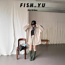 FISHYU十三行早秋新款美式复古印花宽松衬衫+休闲短裤套装女25550
