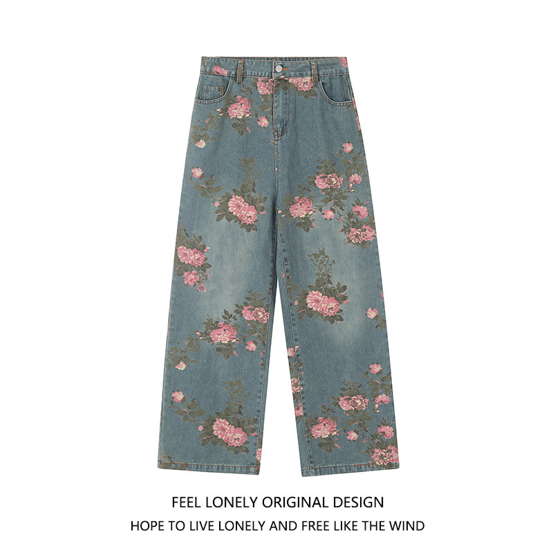 2025 European and American Cross-Border Summer Trendy Brand Full-Print Floral Straight Wide-Leg Jeans for Men and Women, Height-Enhancing and Slimming Long Pants