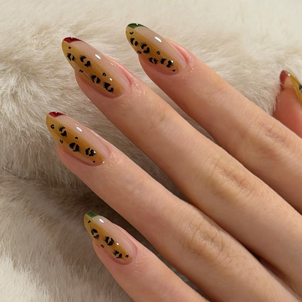 Comercio exterior impresión de leopardo francés cara brillante para usar uñas europeas y americanas vientos de contraste de uñas 24 piezas de uñas falsas al por mayor