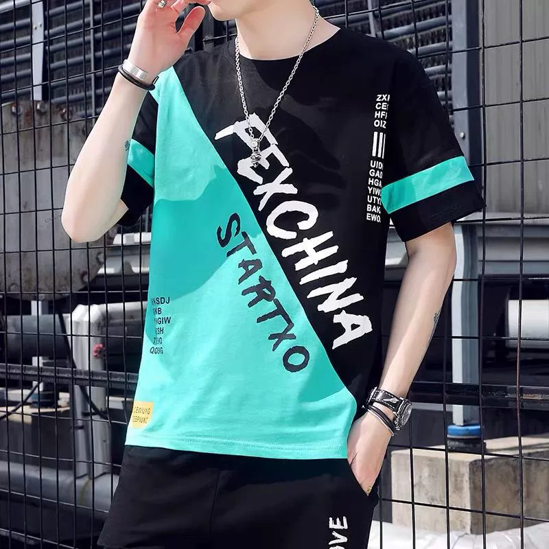 Мужская футболка с короткими рукавами 2023 летняя новая модная повседневная универсальная рубашка контрастных цветов, футболка с принтом, внешняя торговля, оптовая продажа