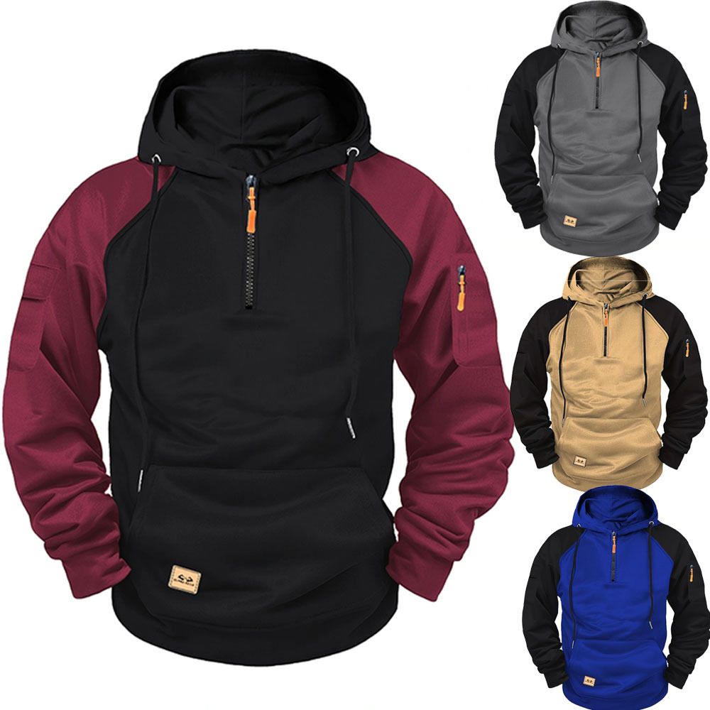Men's Colour Block Hooded Half-zip Pullover With Kangaroo Pocket_voghion.com