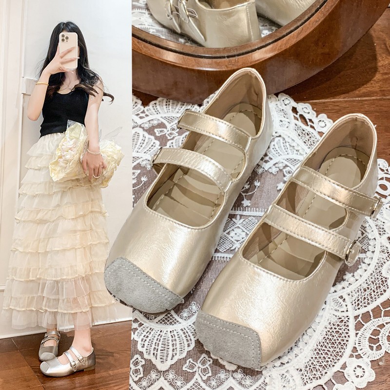 2025 Spring and Summer New Style Ugly and Comfortable Retro Color Block Square Toe Soft Sole Mary Jane Shoes Champagne Color Flat Shoes 2025 Spring and Summer New Style Ugly and Comfortable Retro Color Block Square Toe Soft Sole Mary Jane Shoes Champagne Color Flat Shoes