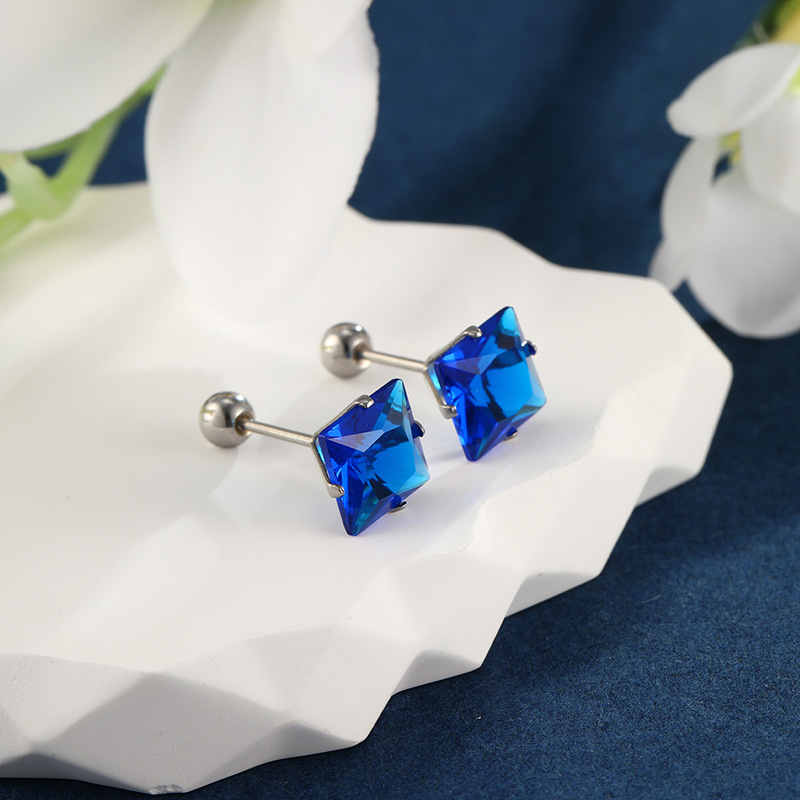 Xuping joyería de acero inoxidable tornillo torcedura hebilla pendientes cuadrados japonés y coreano personalidad de la moda azul pendientes de Gema artificial