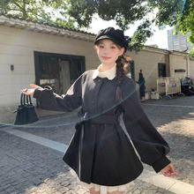 韩系时尚灯笼袖圆领风衣毛呢外套女冬季感气质收腰系带中长款大衣