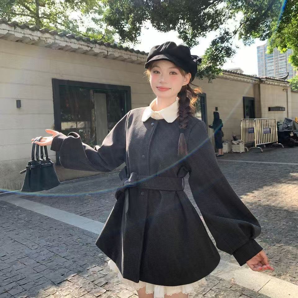 Korean Fashion Lantern Sleeve Round Neck Windbreaker Woolen Outwear Women's Winter Style Waist-Cinching Mid-Length Outwear