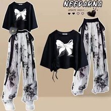 母女装休闲夏季时尚中大童套装宽松短袖T恤+冰丝水墨阔腿裤两件套