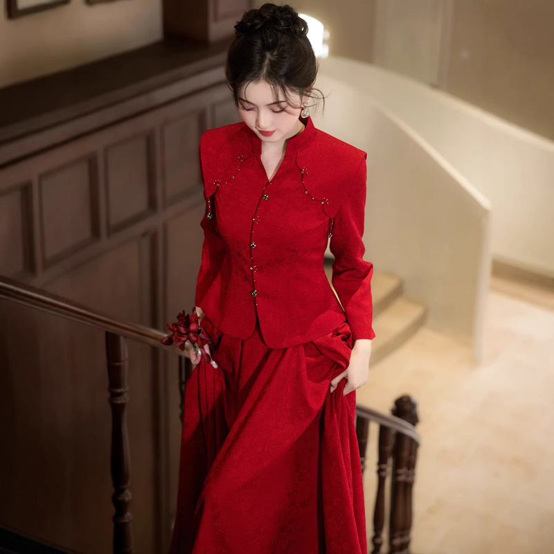 New Chinese-Style Red Wedding Dress 2026 New Model Bride's V-Neck Slimming Engagement Dress Homecoming Registration Dress New Chinese-Style Red Wedding Dress 2026 New Model Bride's V-Neck Slimming Engagement Dress Homecoming Registration Dress