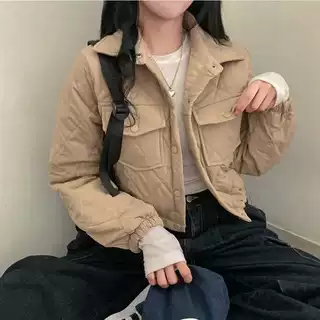 秋冬轻薄保暖百搭小个子领抽绳收腰棱格棉衣外套女