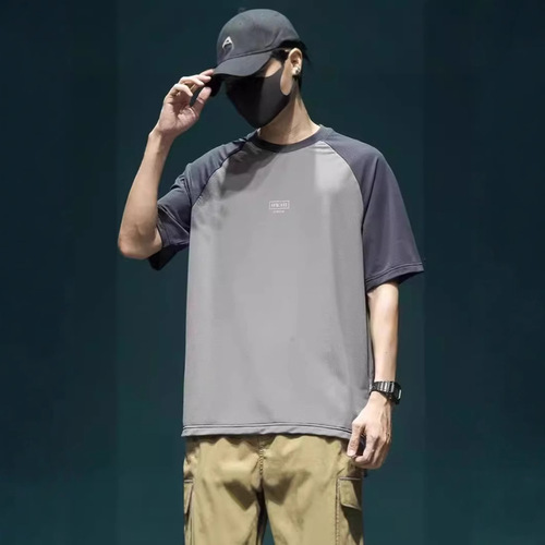 Summer 2025 New Collage Contrast Color Crew Neck Short Sleeve T-Shirt for Men, Instagram Trendy Brand Loose Top Casual Half Sleeve Tee