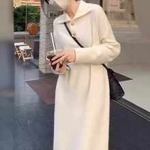 韩范时尚休闲翻领针织连衣裙女秋冬新款宽松内搭中长款毛衣打底裙