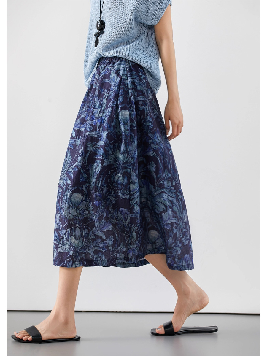Váy maxi nữ vải lanh Tencel in họa tiết mùa hè — màu xanh hải quân