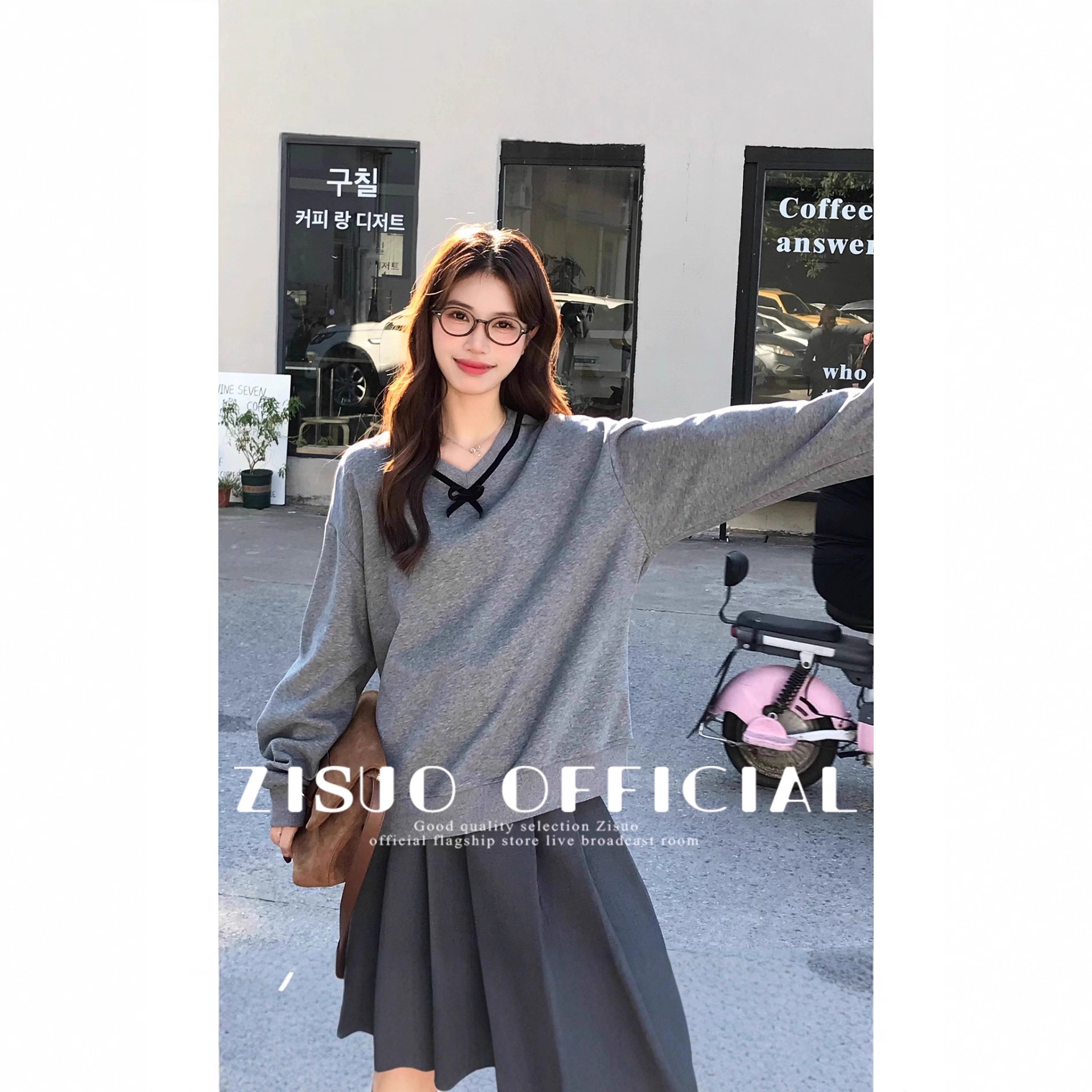 现货直发 灰色蝴蝶结V领卫衣女2025春秋新款韩版宽松慵懒套头长袖