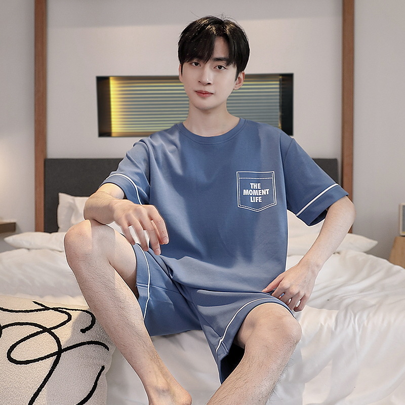 새로운 도착 파자마 남자 여름 얇은 순면 반팔 반바지 순면 십대 여름 홈 의류 세트