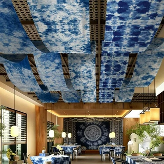 蓝色扎染天幕挂布绒布非遗蜡染民族风民宿餐厅长条吊顶装饰背景布