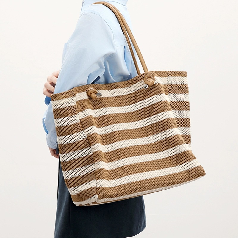 New Lazy Style Vacation Tote Bag Large Capacity Canvas Handbag For Women Black And White Striped Contrast Underarm Shoulder Bag - Thumbnail 6