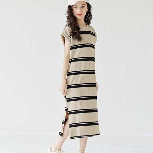 Girls' Summer Dress Stylish Medium and Large Children's Long Dress Korean Version Children's Long Sleeve T-Shirt Short Sleeve Summer Outfit Striped Skirt