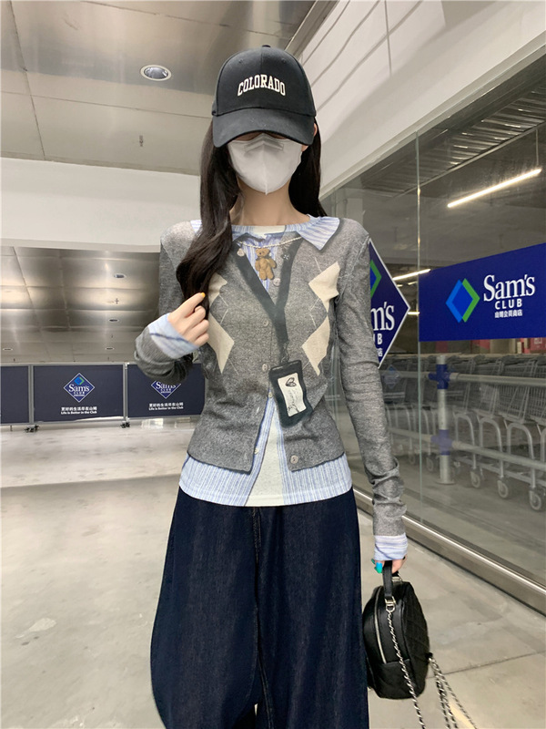 适美2025秋季设计感假两件圆领长袖T恤女装别致减龄显瘦印花上衣|undefined