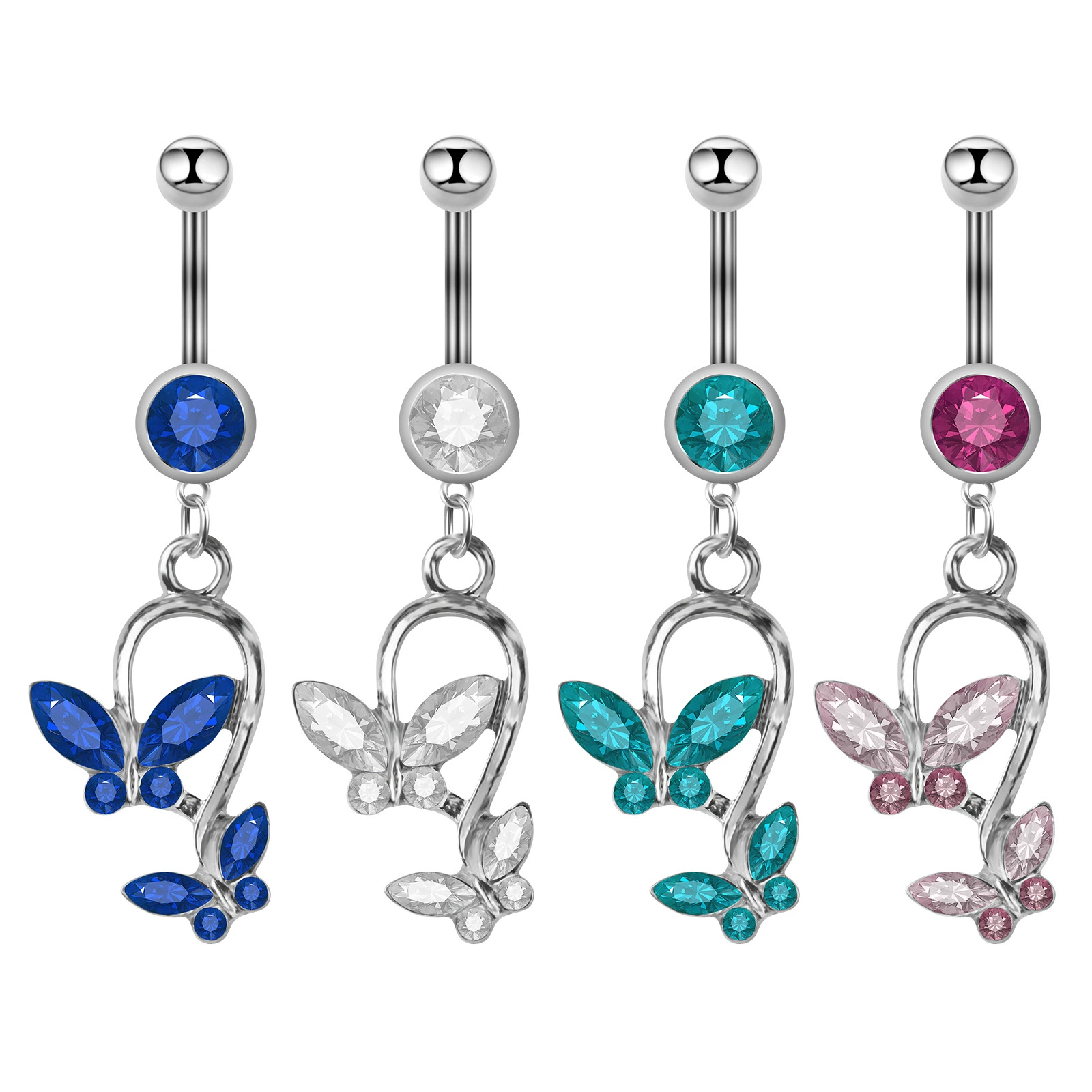 Belly Button Ring, Butterfly Dangle, 316L Surgical Steel Bar, 1.6×11 mm, Crystal Inlay
