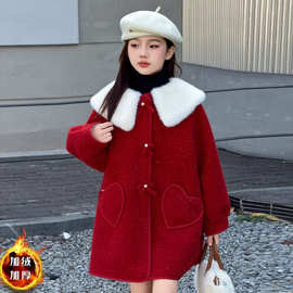 女童冬装红色加厚呢子大衣2025新款中大童韩版长袖一体绒风衣外套