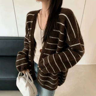YS韩系慵懒风条纹撞色针织开衫女秋冬宽松灯笼袖软加厚休闲毛衣