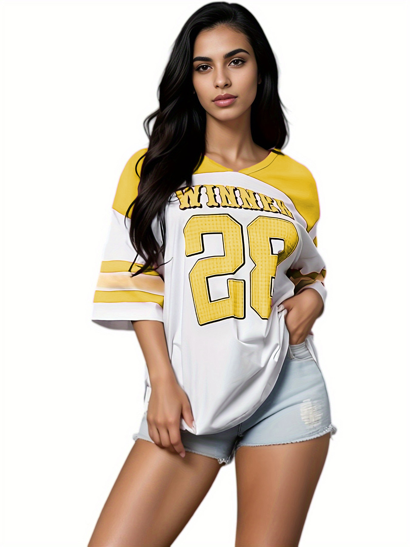 140g Weight Half Sleeve Sleeve Length Pullovers Placket Type Regular Sleeve Sleeve Type Polyester Fabric Type Long Top Length T-shirt Tops Type Holiday, Match Occasion V Neck Neckline Loose Fit Type Letter, Color Block Pattern Summer Season Women's Gender Patchwork, Contrast Binding Design Streetwear Style Wholesale Women's Streetwear Letter Color Block Half Sleeve Patchwork Contrast Binding T-Shirts 7