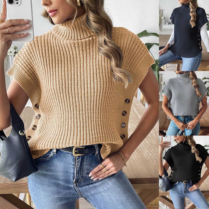 Women's Spring and Autumn Pullover Sweater New Style Vest with Button Decoration Cross-Border European and American High-Neck Casual Pullover Vest Top