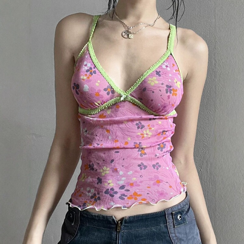 Y2K Sexy Hot Girl Tank Top American-Style Ins Vacation Style Mesh Floral Print Color-Blocking V-Neck Rolled Edge Y2K Sexy Hot Girl Tank Top American-Style Ins Vacation Style Mesh Floral Print Color-Blocking V-Neck Rolled Edge