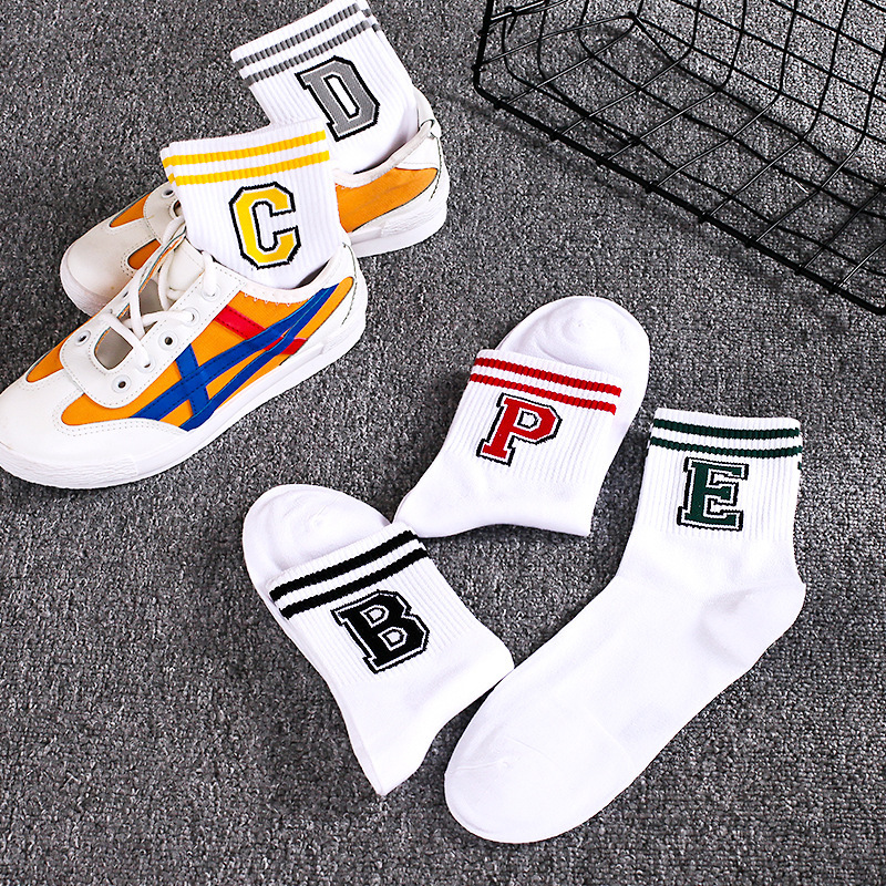 Socks Men's Trendy White Socks Letter EP Socks Korean Style Breathable Campus Style Student Sports Socks Boys White Mid-tube Socks