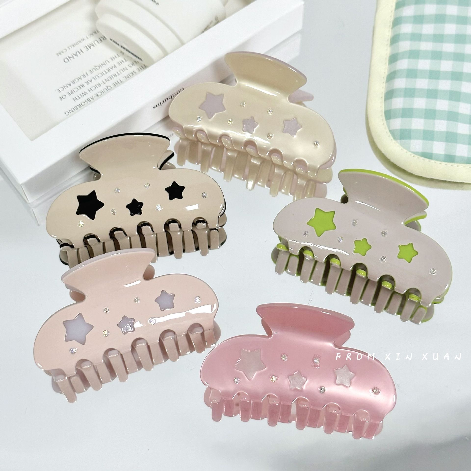 Millennium-kuuma tyttö ~ y2g makea viileä tähtiasetaattiote naispuolinen ranskalainen tyyli korkea tunne selkänoja pään nuttura hainklipsi hiuskoristeet_voghion.com