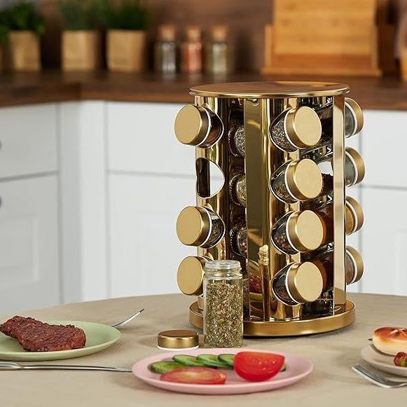 La cocina de almacenamiento del rey frito frito frasco de especias directamente dejar que la cocina abierta cuelgue 16 frascos de vidrio giratorio gran frasco de especias